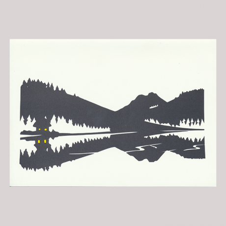 
        Christmas landscape, with mountain, house and forest.